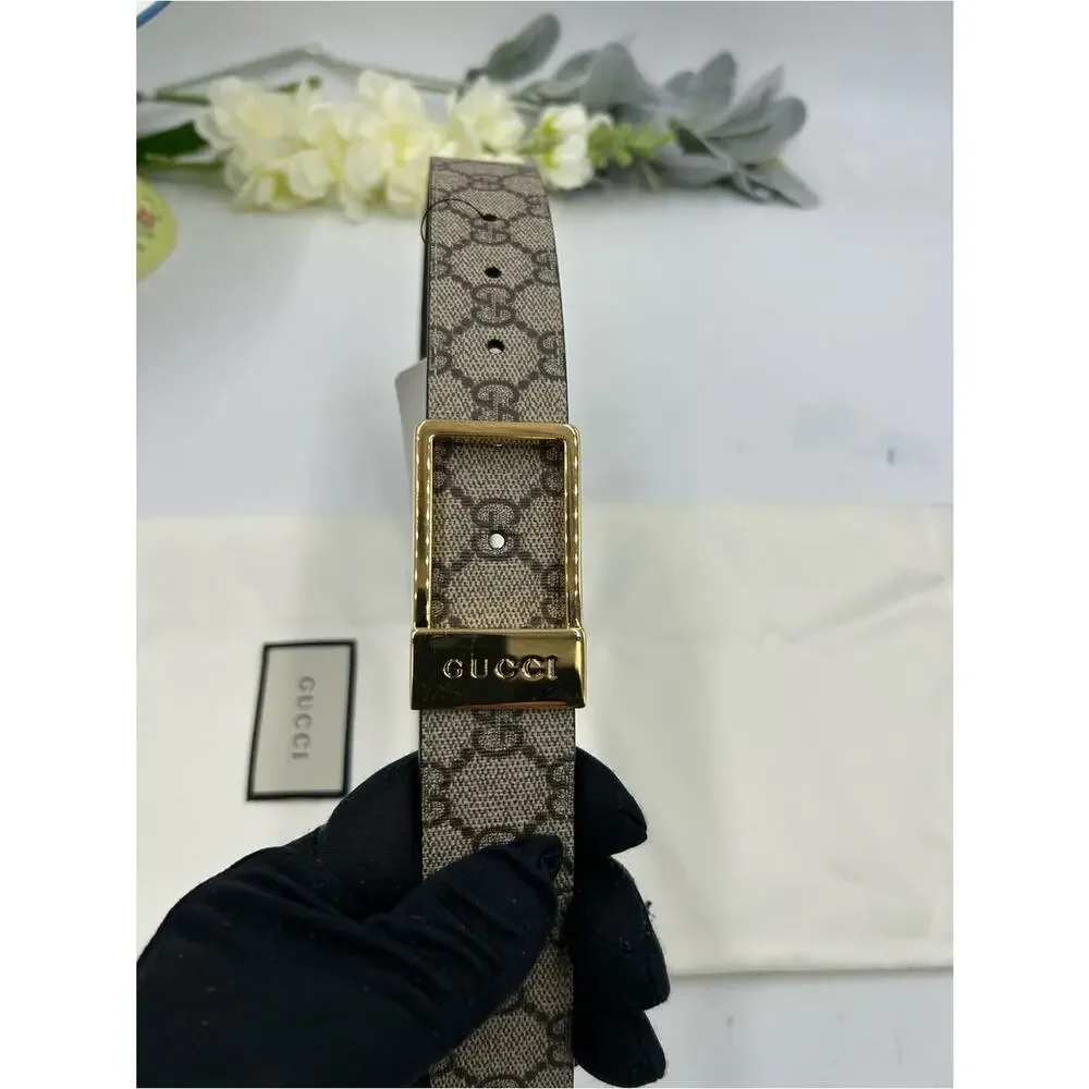 Unisex Gucci Monogram Canvas Belt with Gold engraved Buckle - Beige/Brown 80/32
